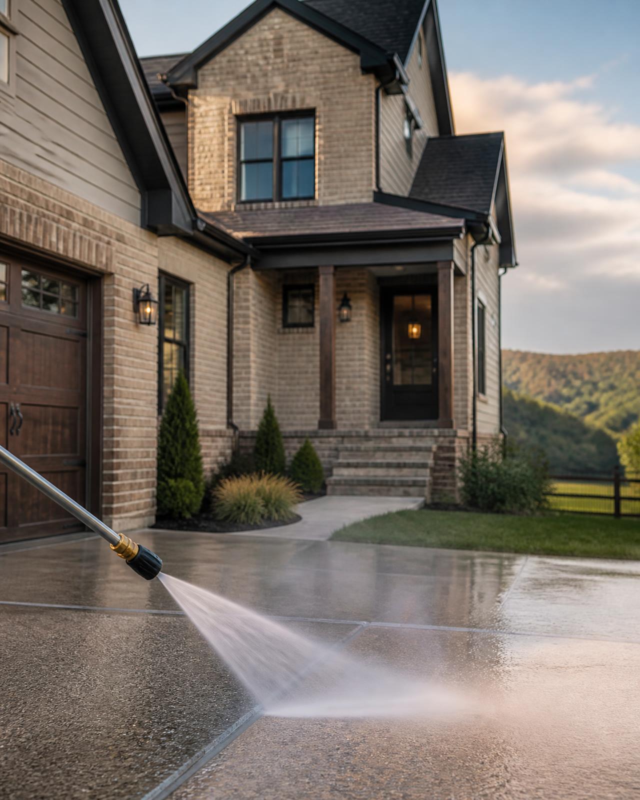 Freshly cleaned Virginia home exterior with a pressure washer rinsing the driveway