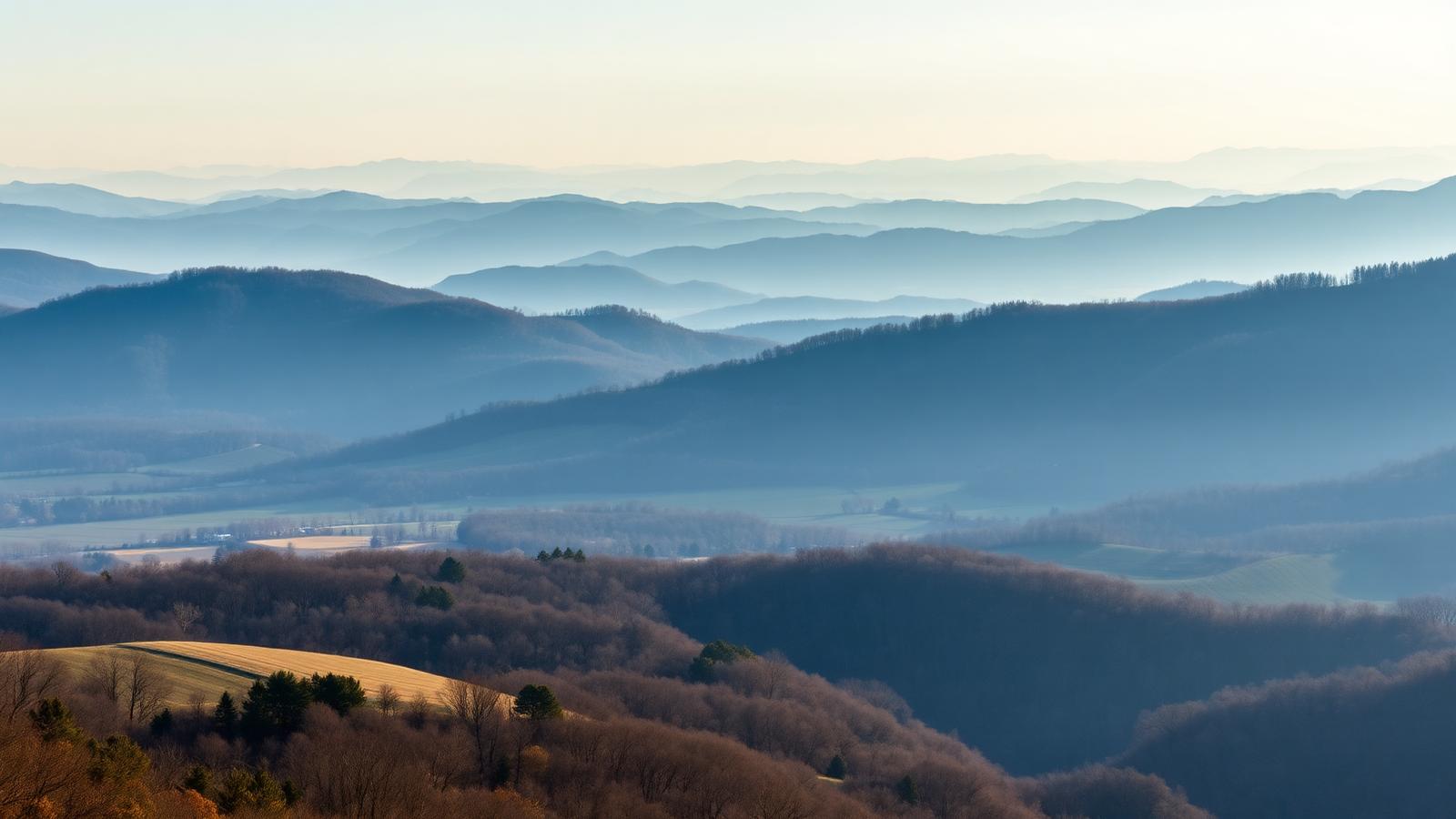 Layered Blue Ridge mountain ridgelines above Virginia farmland